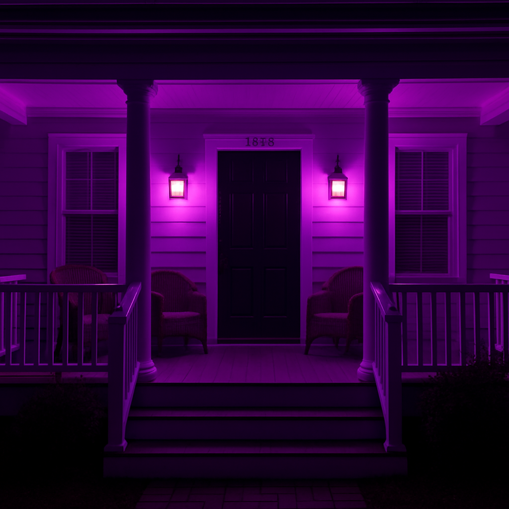 the front exterior view of a home with purple lights lighting up the porch
